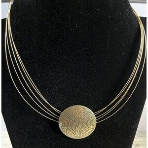 Gold Tone Medallion Disc Multi Row Layered Wire Choker Necklace 15"